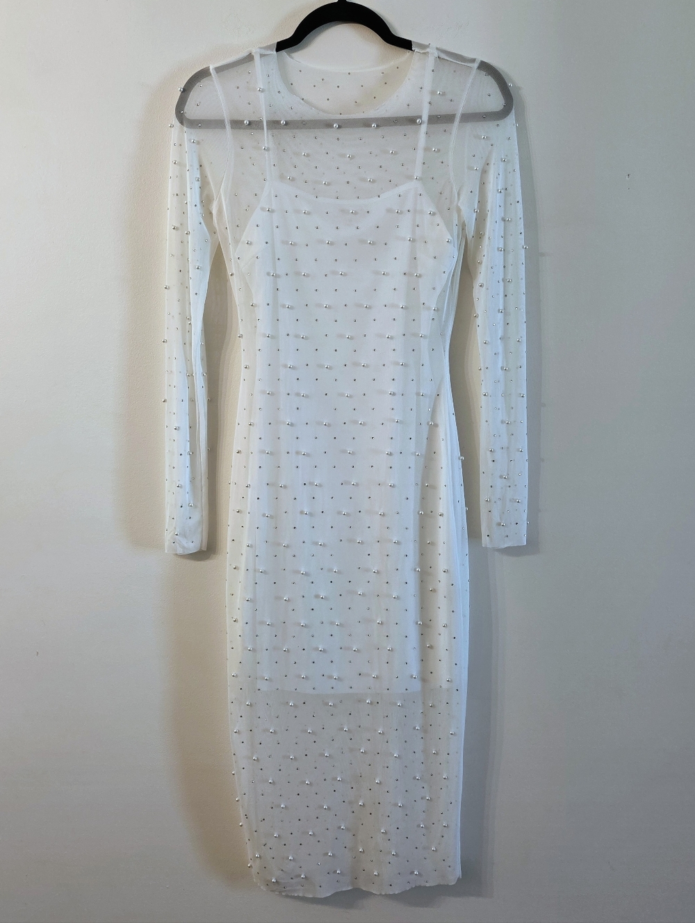 Sincerely Jules Sheer Mesh Beaded Pearl Long Sleeve Midi Dress
